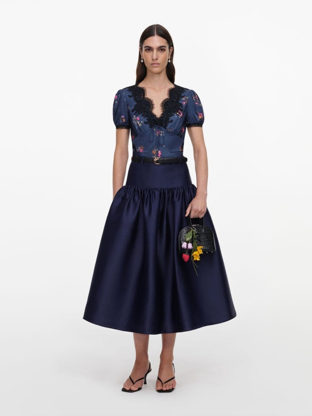 Self Portrait Navy Taffeta Midi Skirt